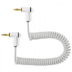 myVolts Candycords audio cable 3.5mm angled jack to 3.5mm angled jack, curly 20cm to 30cm, Powder Grey